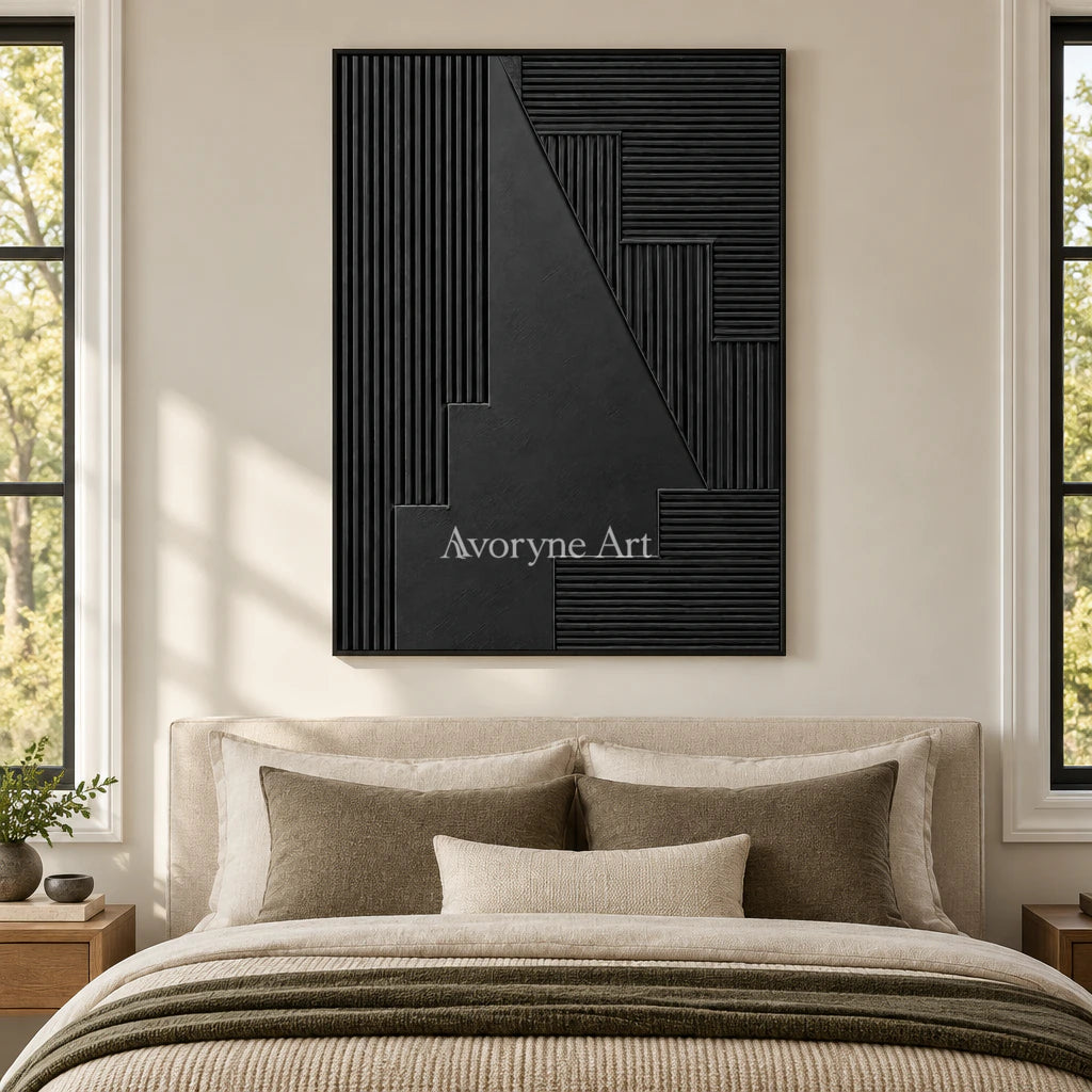 Nocturne Steps: Black Grooved Abstract Wall Art — bedroom black
