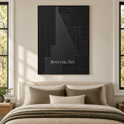 Nocturne Steps: Black Grooved Abstract Wall Art — bedroom black