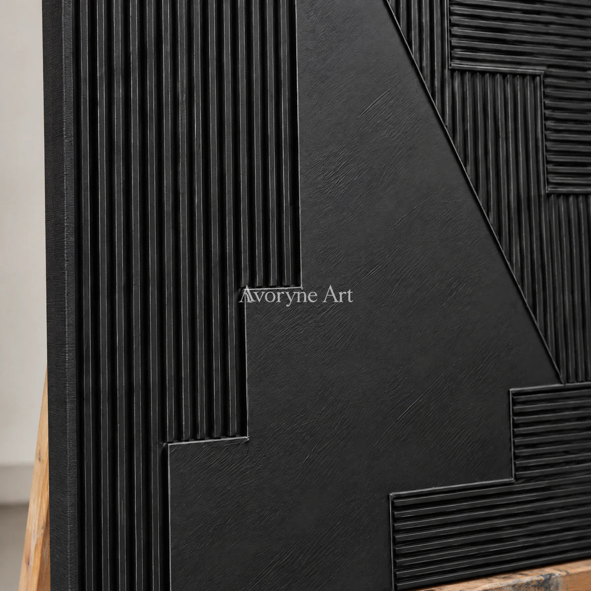 Nocturne Steps: Black Grooved Abstract Wall Art — detail easel