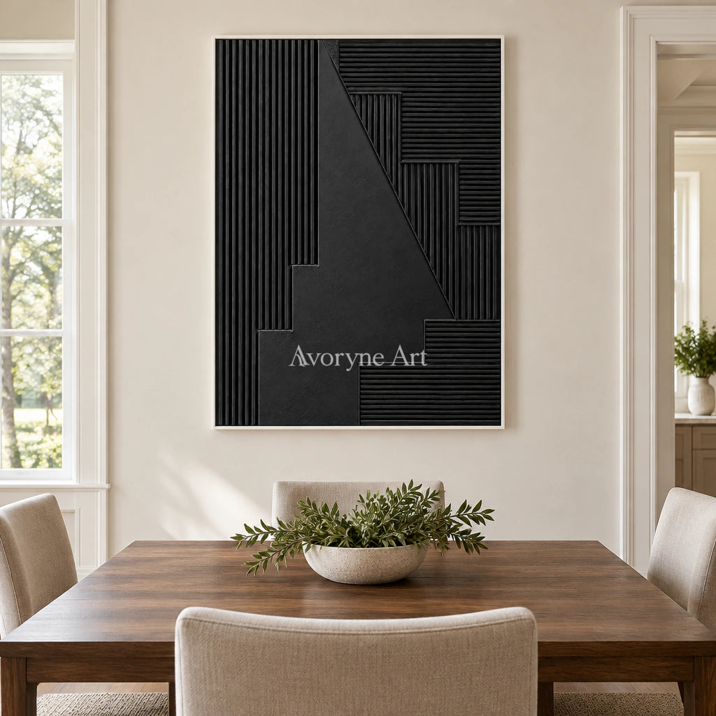 Nocturne Steps: Black Grooved Abstract Wall Art — dining white