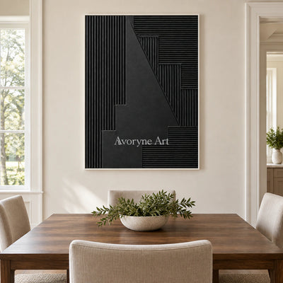 Nocturne Steps: Black Grooved Abstract Wall Art — dining white