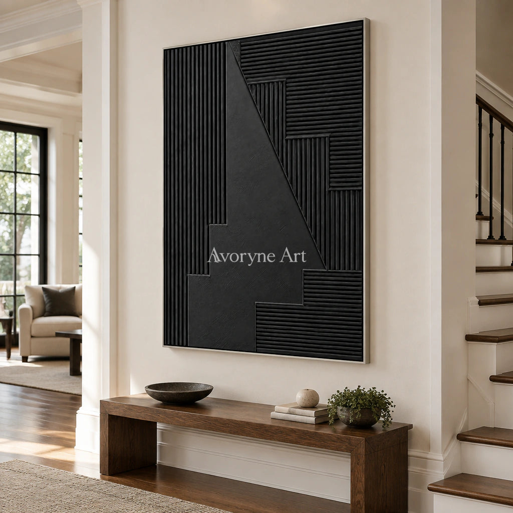 Nocturne Steps: Black Grooved Abstract Wall Art — entry silver