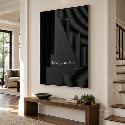 Nocturne Steps: Black Grooved Abstract Wall Art — entry silver