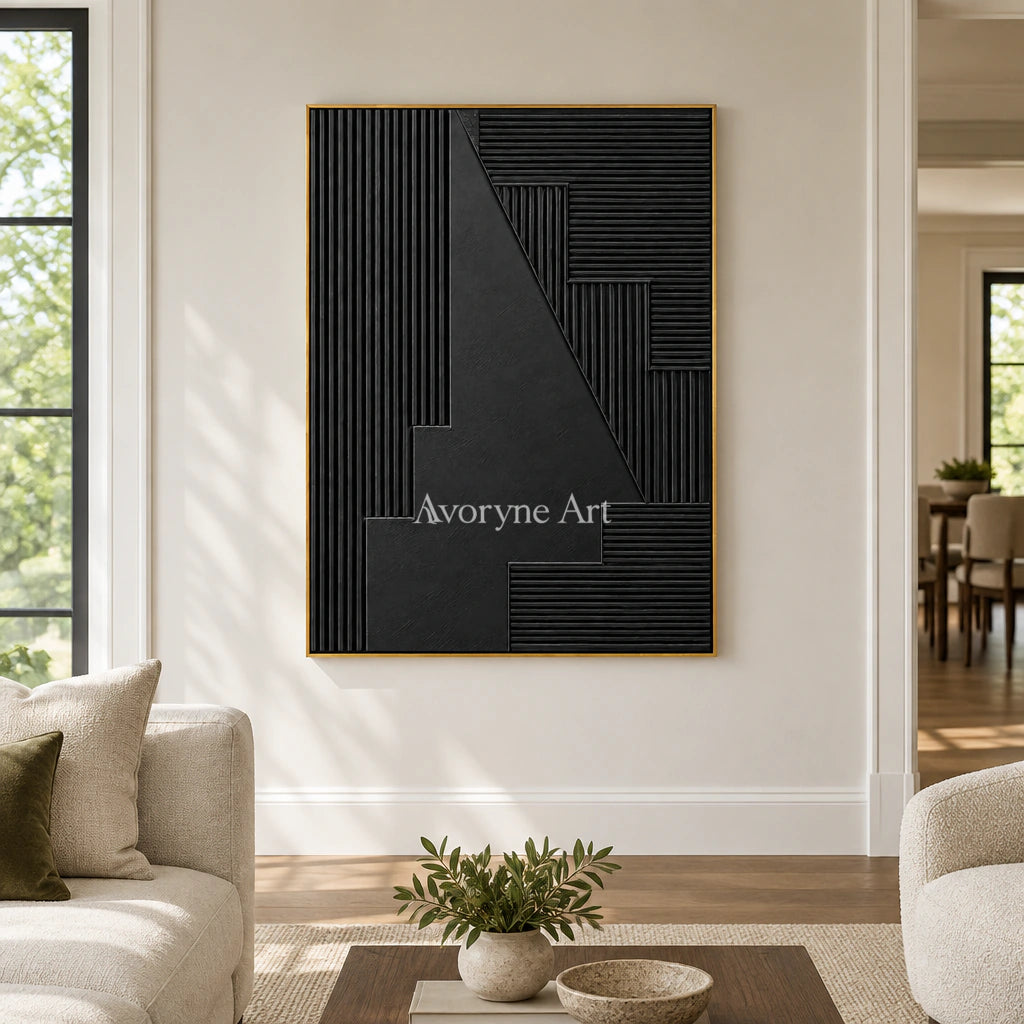 Nocturne Steps: Black Grooved Abstract Wall Art — living gold