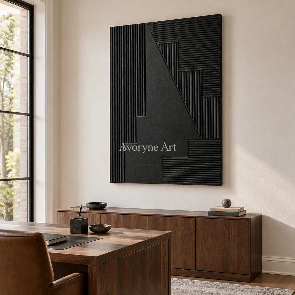 Nocturne Steps: Black Grooved Abstract Wall Art — office frameless