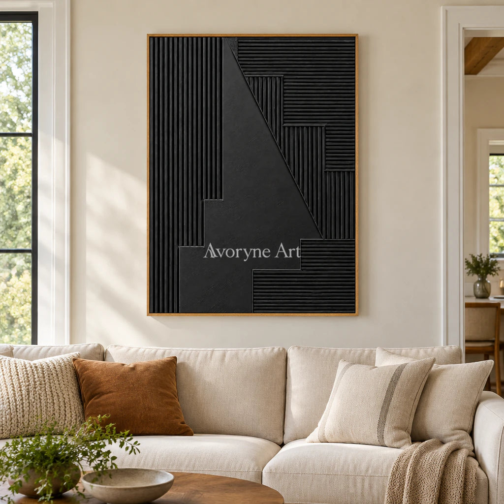 Nocturne Steps: Black Grooved Abstract Wall Art — villa wood