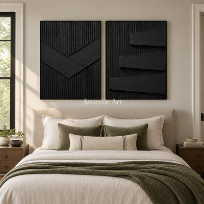 Shadow Terraces: Black Grooved Diptych Wall Art — bedroom black