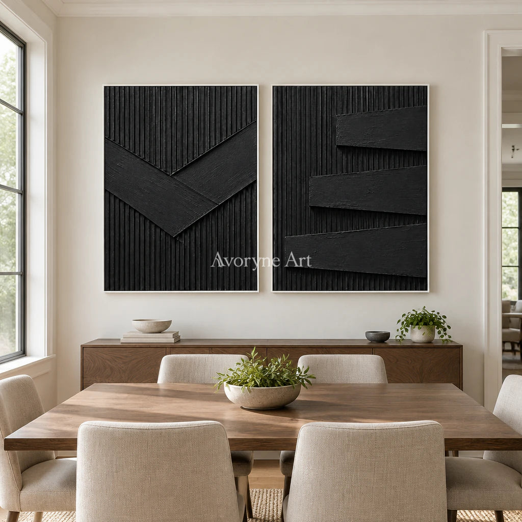 Shadow Terraces: Black Grooved Diptych Wall Art — dining white