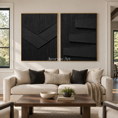 Shadow Terraces: Black Grooved Diptych Wall Art — living gold