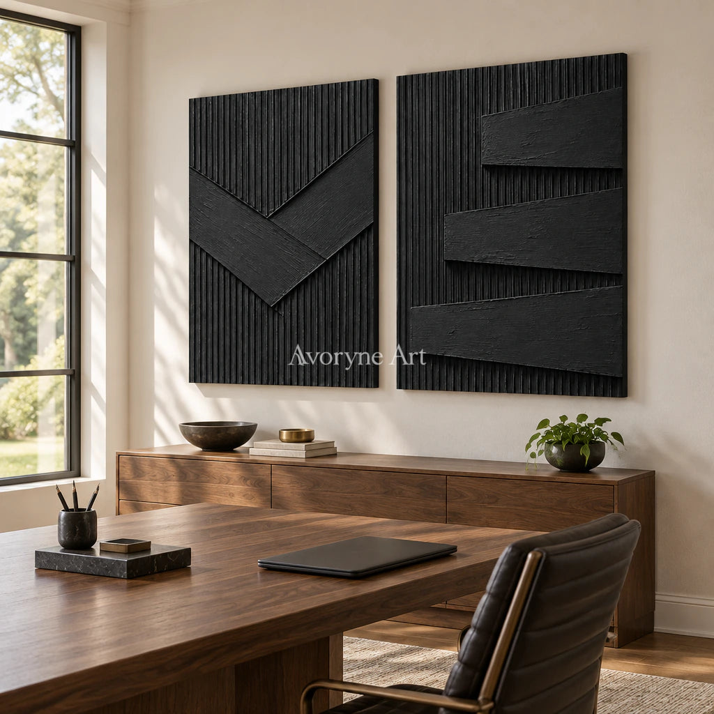 Shadow Terraces: Black Grooved Diptych Wall Art — office frameless