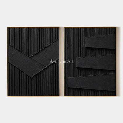 Shadow Terraces: Black Grooved Diptych Wall Art — primary