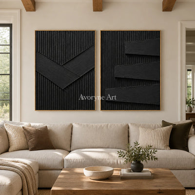Shadow Terraces: Black Grooved Diptych Wall Art — villa wood