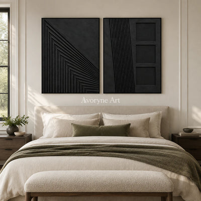 Nocturne Contours: Black Grooved Diptych Wall Art — bedroom black