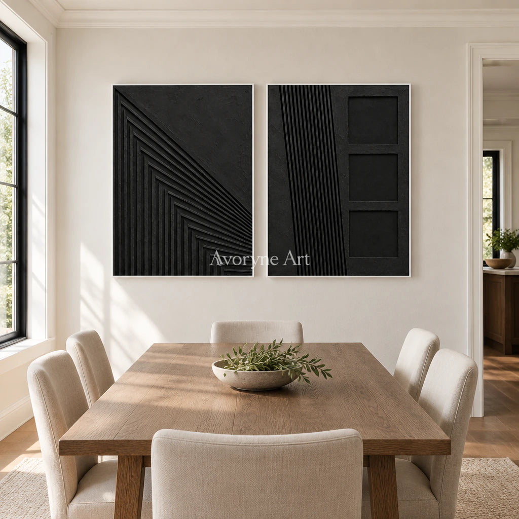Nocturne Contours: Black Grooved Diptych Wall Art — dining white