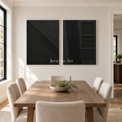 Nocturne Contours: Black Grooved Diptych Wall Art — dining white