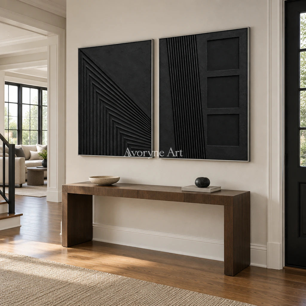 Nocturne Contours: Black Grooved Diptych Wall Art — entry silver