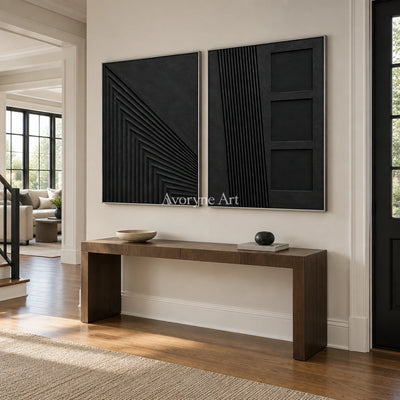 Nocturne Contours: Black Grooved Diptych Wall Art — entry silver