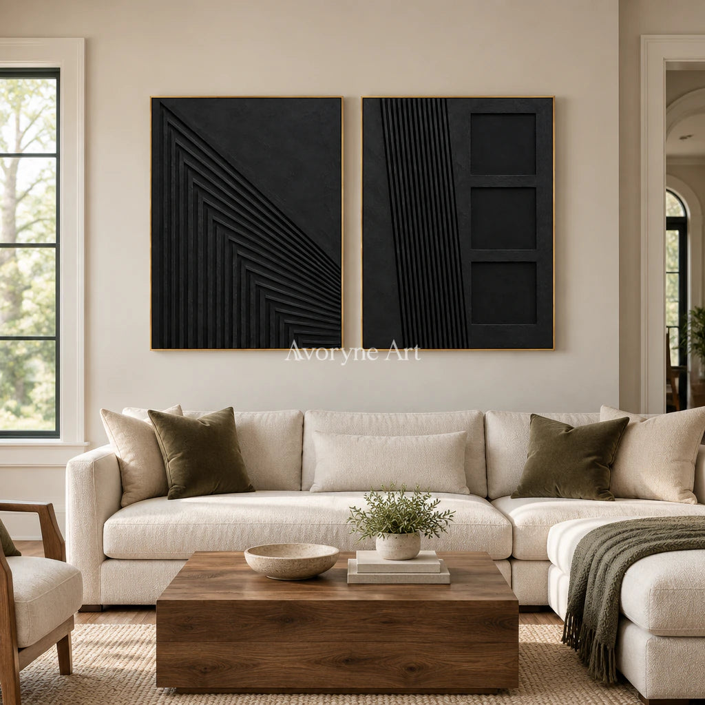 Nocturne Contours: Black Grooved Diptych Wall Art — living gold