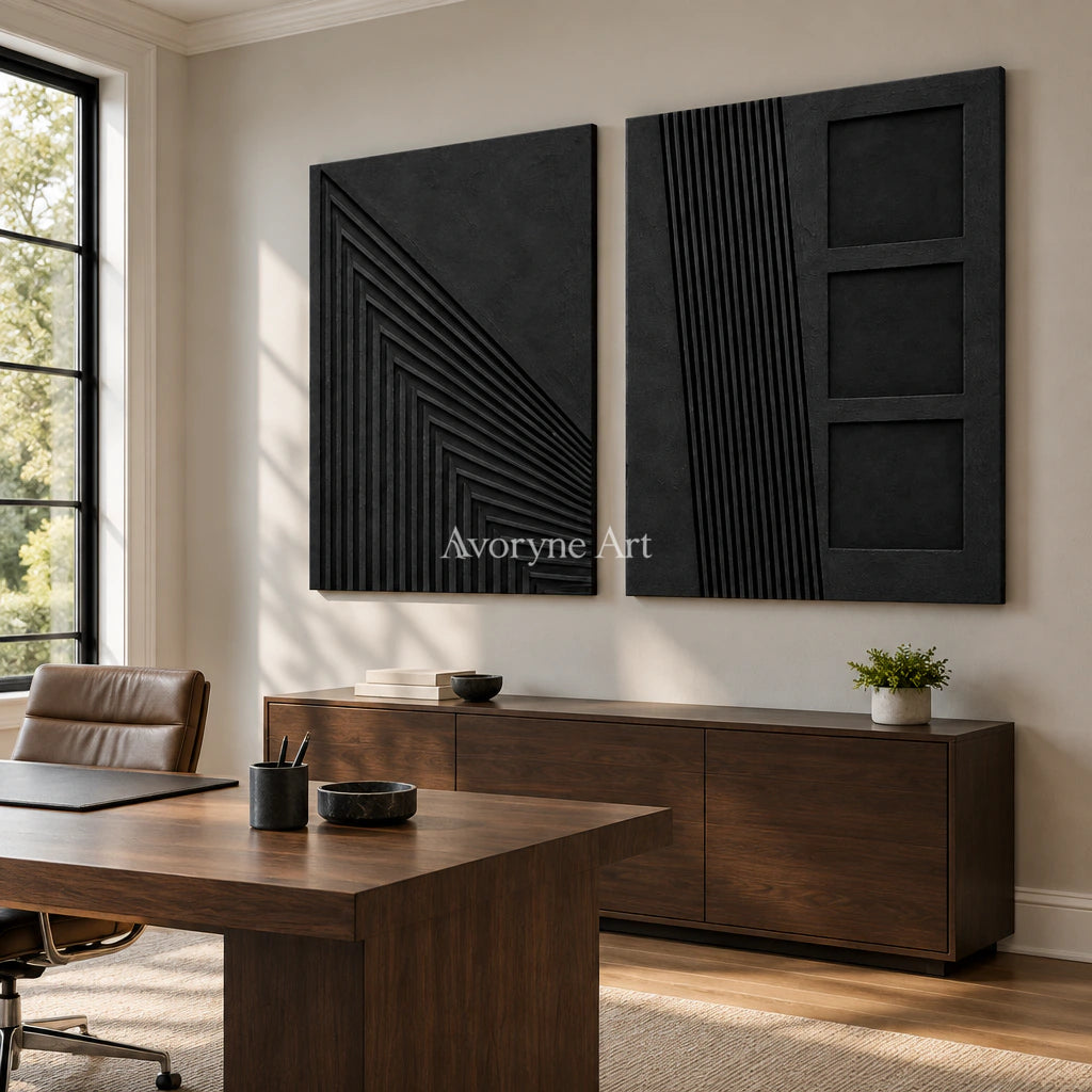 Nocturne Contours: Black Grooved Diptych Wall Art — office frameless