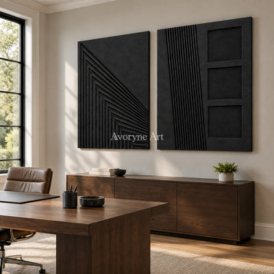 Nocturne Contours: Black Grooved Diptych Wall Art — office frameless