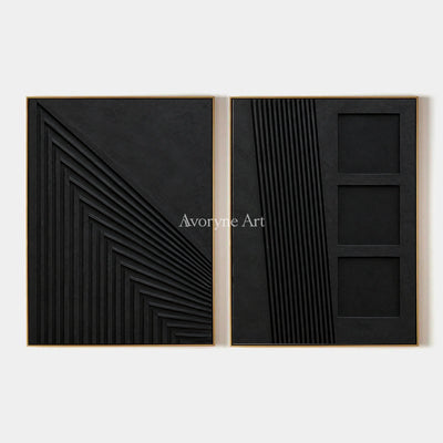 Nocturne Contours: Black Grooved Diptych Wall Art — primary