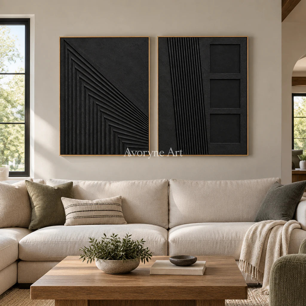Nocturne Contours: Black Grooved Diptych Wall Art — villa wood