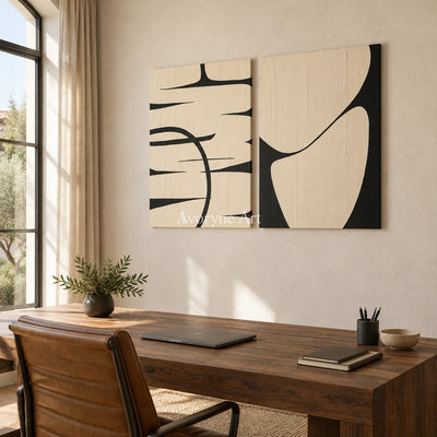 Muted Trace black ivory line art diptych as a frameless stretched canvas in a home office