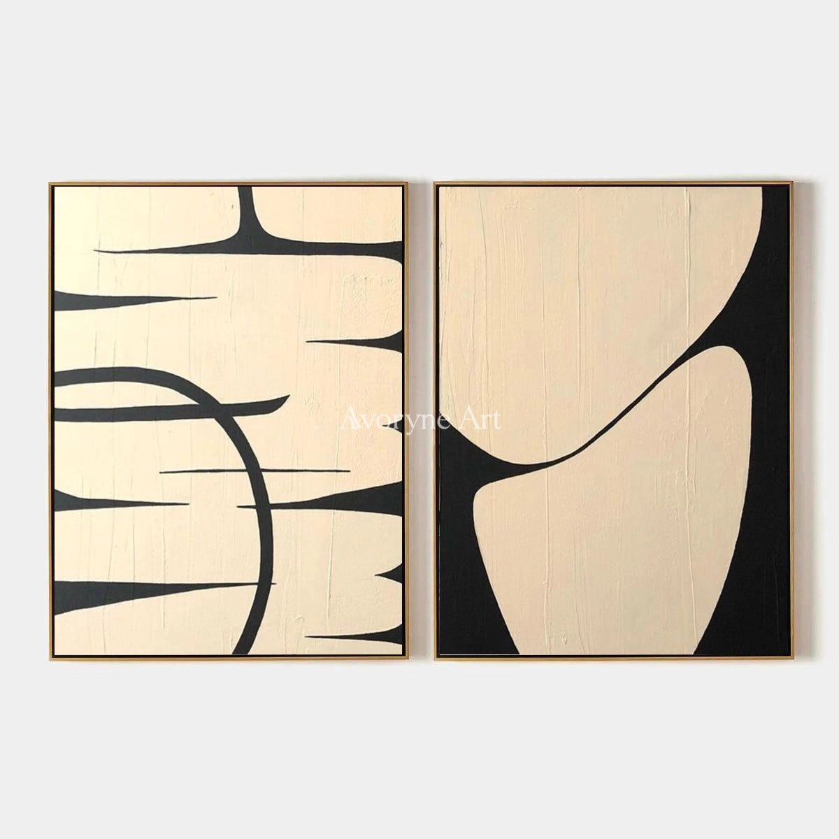Muted Trace, hand-painted black ivory line art diptych by Mei Arlen Zhao