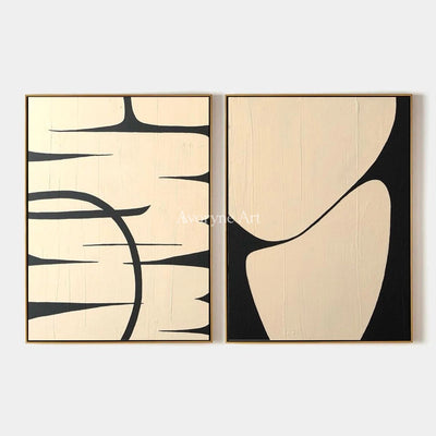 Muted Trace, hand-painted black ivory line art diptych by Mei Arlen Zhao