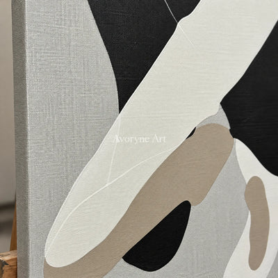 Close-up of the hand-painted texture of Muted Sonata black neutral organic art diptych on an easel