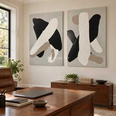 Muted Sonata black neutral organic art diptych as a frameless stretched canvas in a home office