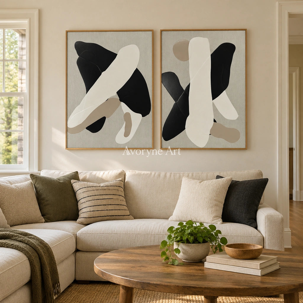 Muted Sonata black neutral organic art diptych with a wood frame in a villa living space