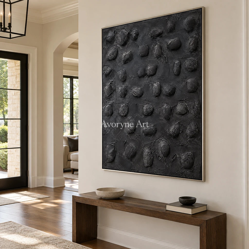 Nocturne Pebbles: Black Organic Relief Wall Art — entry silver