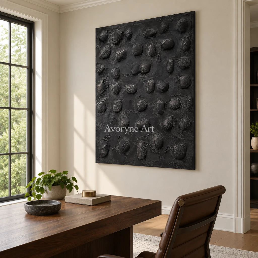 Nocturne Pebbles: Black Organic Relief Wall Art — office frameless