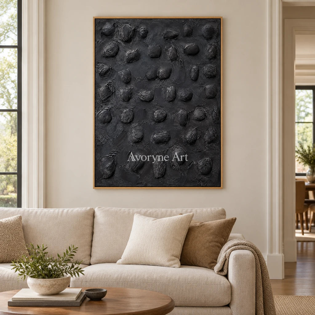 Nocturne Pebbles: Black Organic Relief Wall Art — villa wood