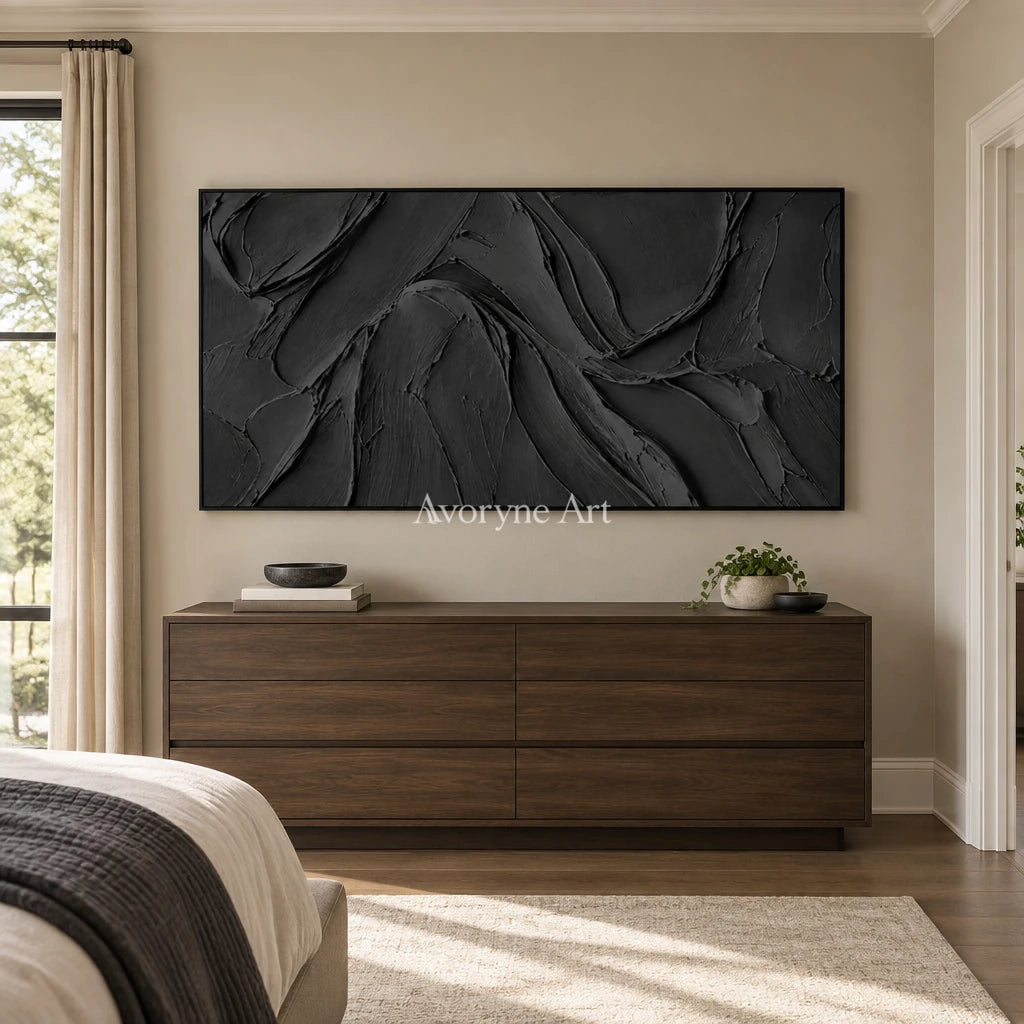 Obsidian Sweep: Black Panoramic Texture Wall Art — bedroom black