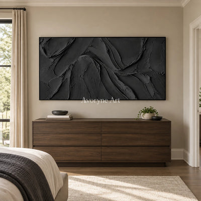 Obsidian Sweep: Black Panoramic Texture Wall Art — bedroom black