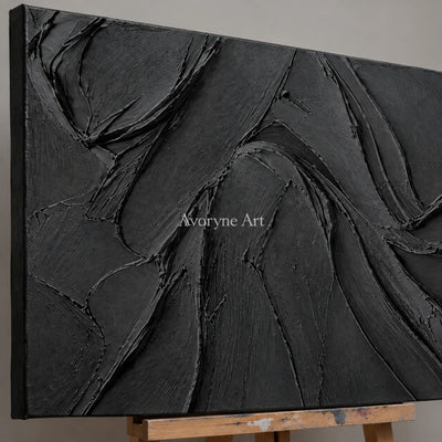 Obsidian Sweep: Black Panoramic Texture Wall Art — detail easel