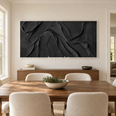 Obsidian Sweep: Black Panoramic Texture Wall Art — dining white