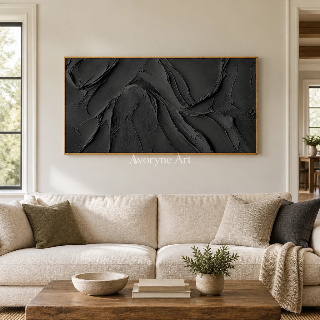 Obsidian Sweep: Black Panoramic Texture Wall Art — villa wood