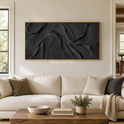 Obsidian Sweep: Black Panoramic Texture Wall Art — villa wood