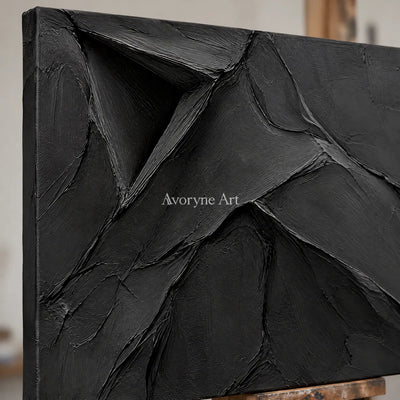 Obsidian Fold: Black Sculptural Abstract Wall Art — detail easel