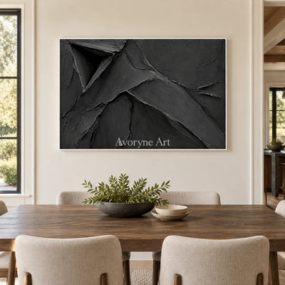 Obsidian Fold: Black Sculptural Abstract Wall Art — dining white