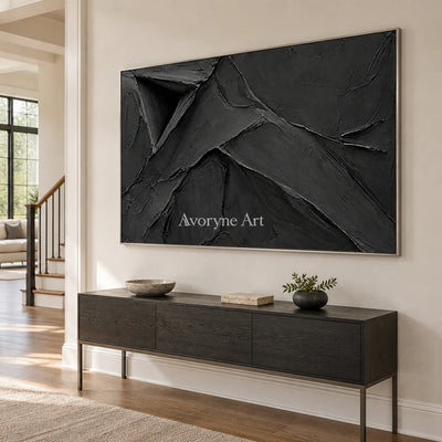 Obsidian Fold: Black Sculptural Abstract Wall Art — entry silver