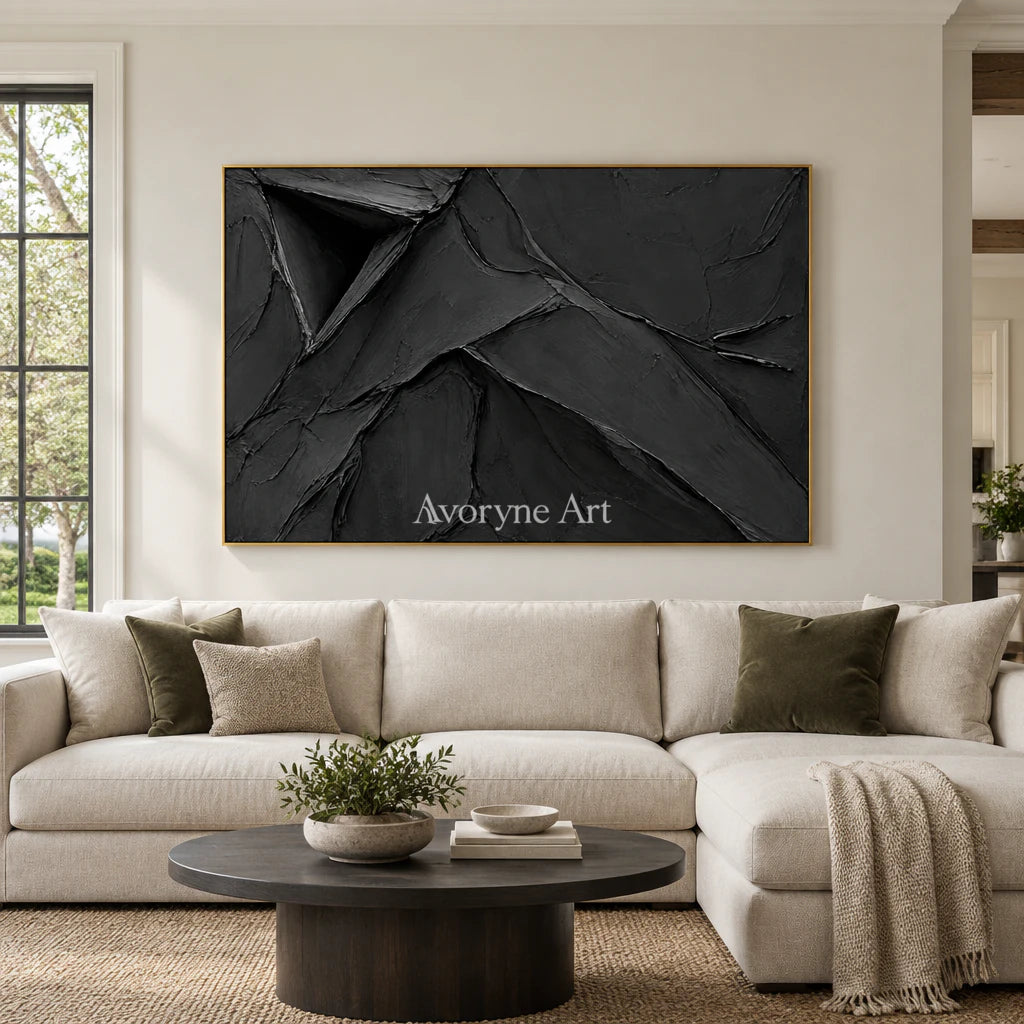 Obsidian Fold: Black Sculptural Abstract Wall Art — living gold