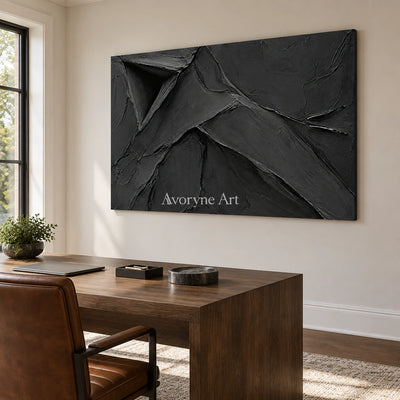 Obsidian Fold: Black Sculptural Abstract Wall Art — office frameless