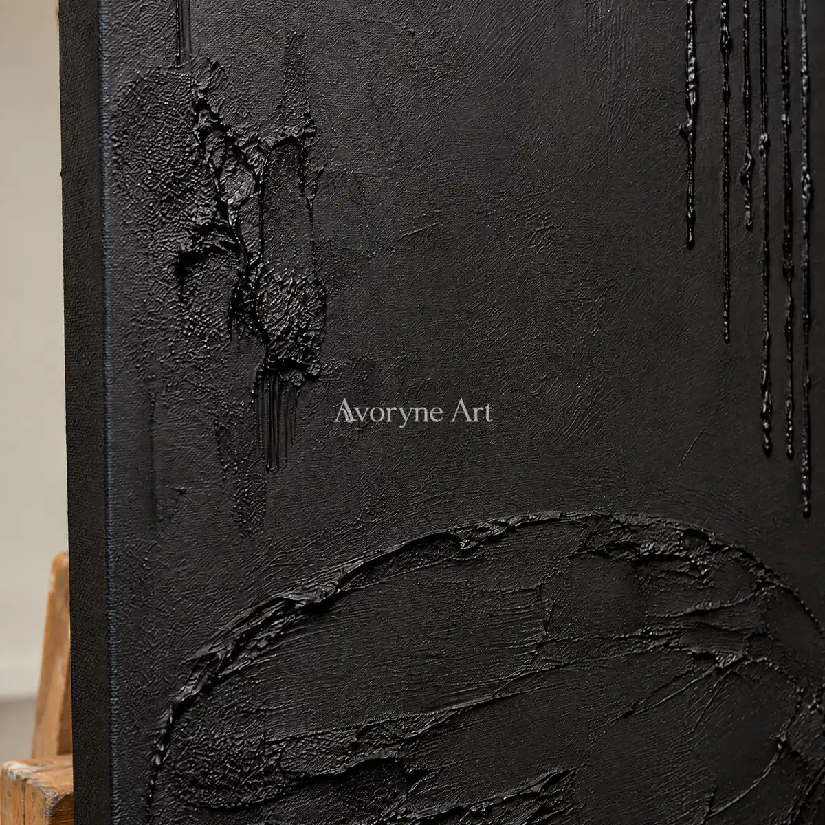 Obsidian Traces: Black Texture Abstract Wall Art — detail easel