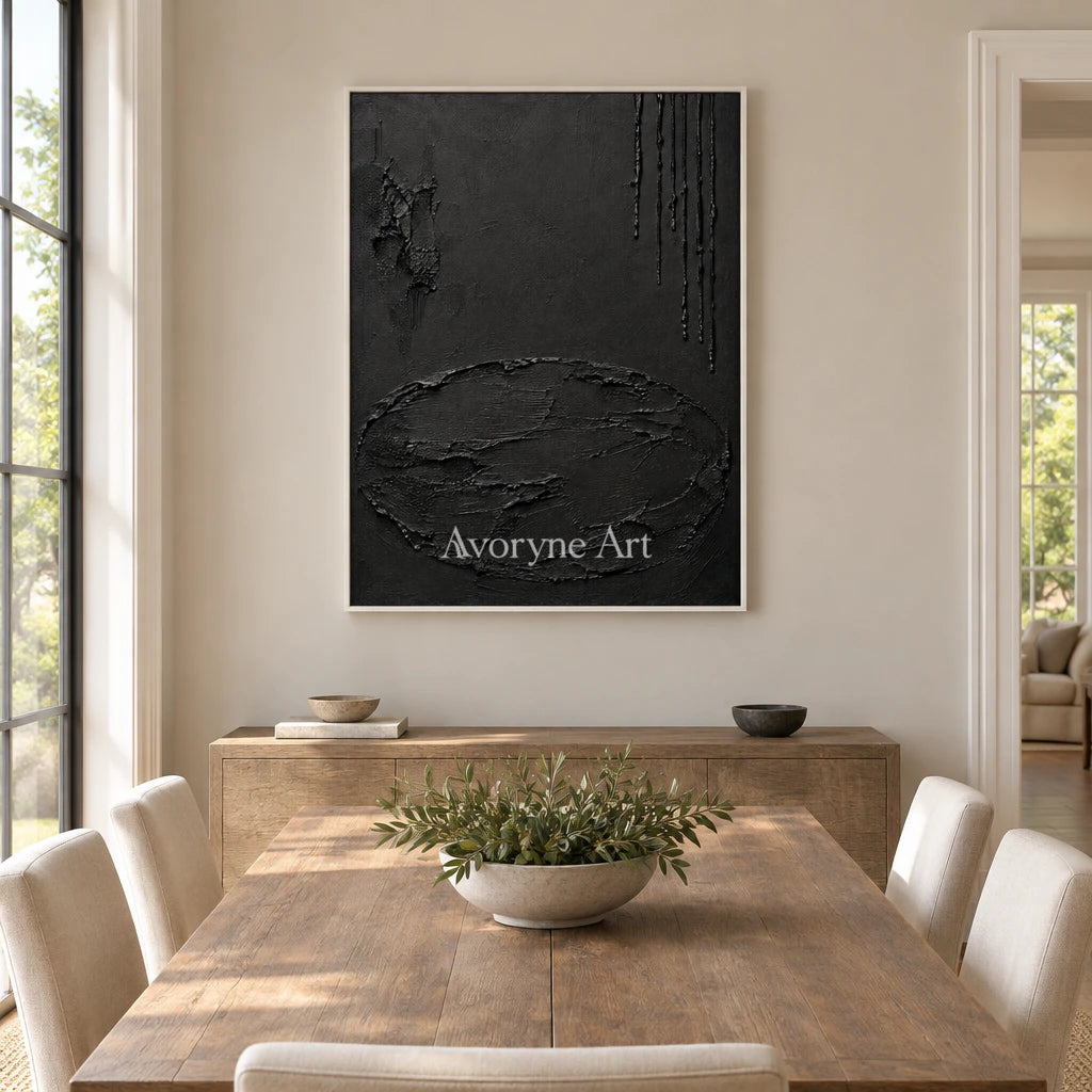 Obsidian Traces: Black Texture Abstract Wall Art — dining white