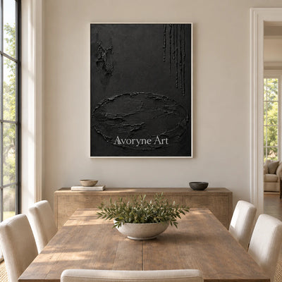 Obsidian Traces: Black Texture Abstract Wall Art — dining white