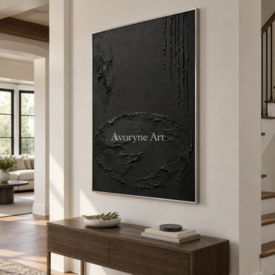 Obsidian Traces: Black Texture Abstract Wall Art — entry silver